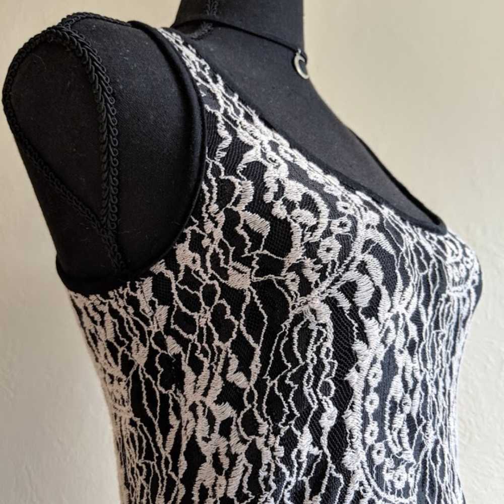 SHEER BLACK TOP W/ ALL OVER IVORY CROCHET DESIGN